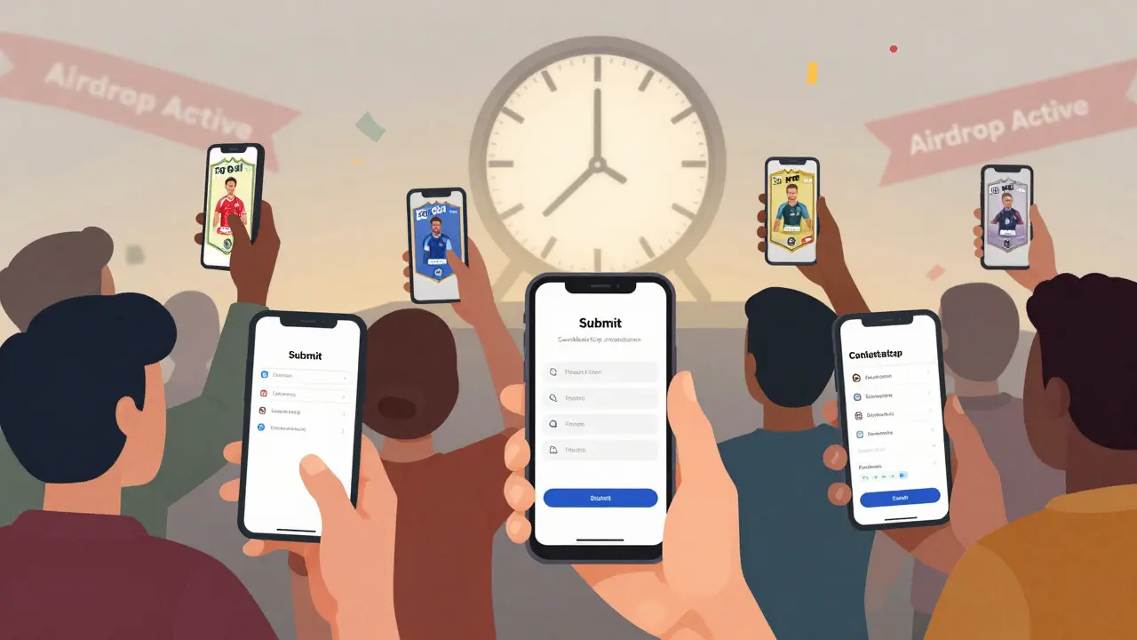 Diverse users holding phones showing NFTs, submitting a form as a campaign deadline passes in the background.