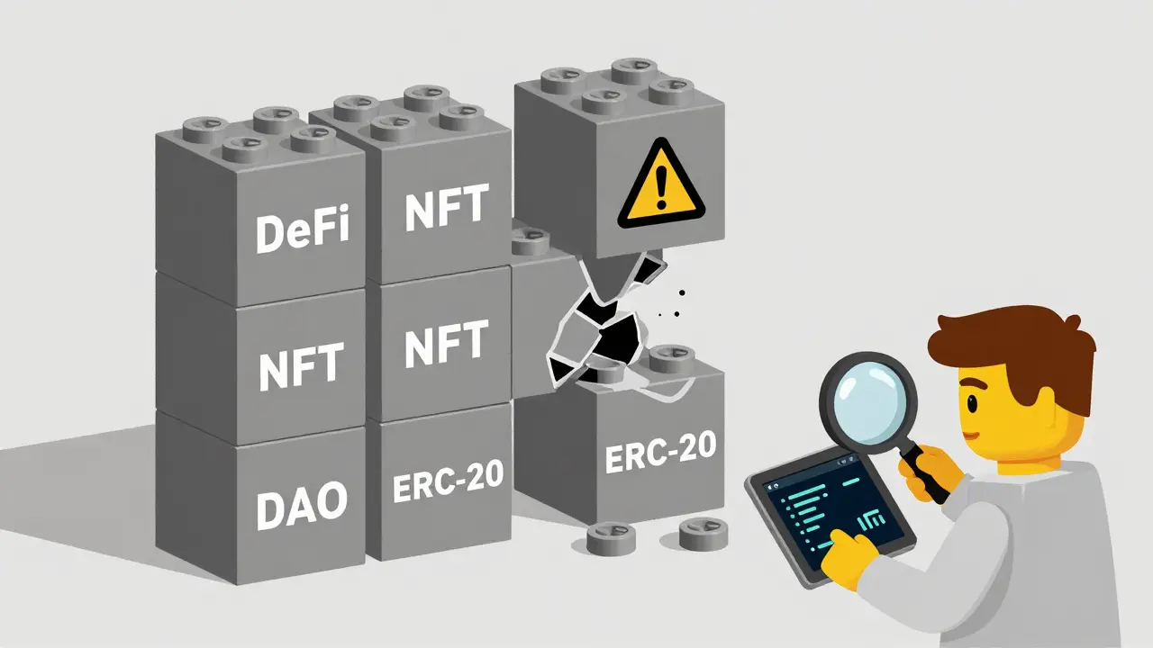 Lego-style blockchain blocks representing DeFi, NFTs, and DAOs with one broken