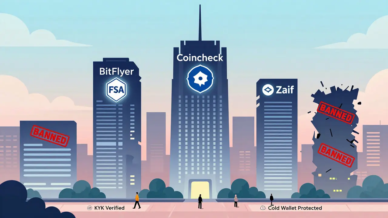 Licensed Japanese crypto exchanges rising as secure towers while offshore platforms crumble under 'BANNED' stamps.