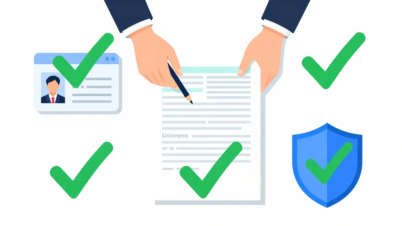 Person organizing ID, tax documents, and registered shield symbol on desk.