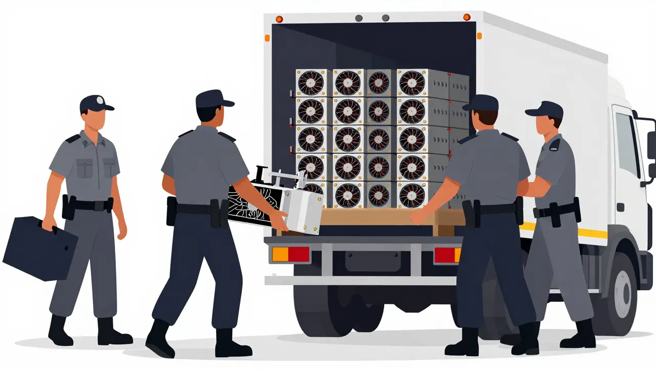 Police officers confiscating ASIC miners and GPU rigs during enforcement action