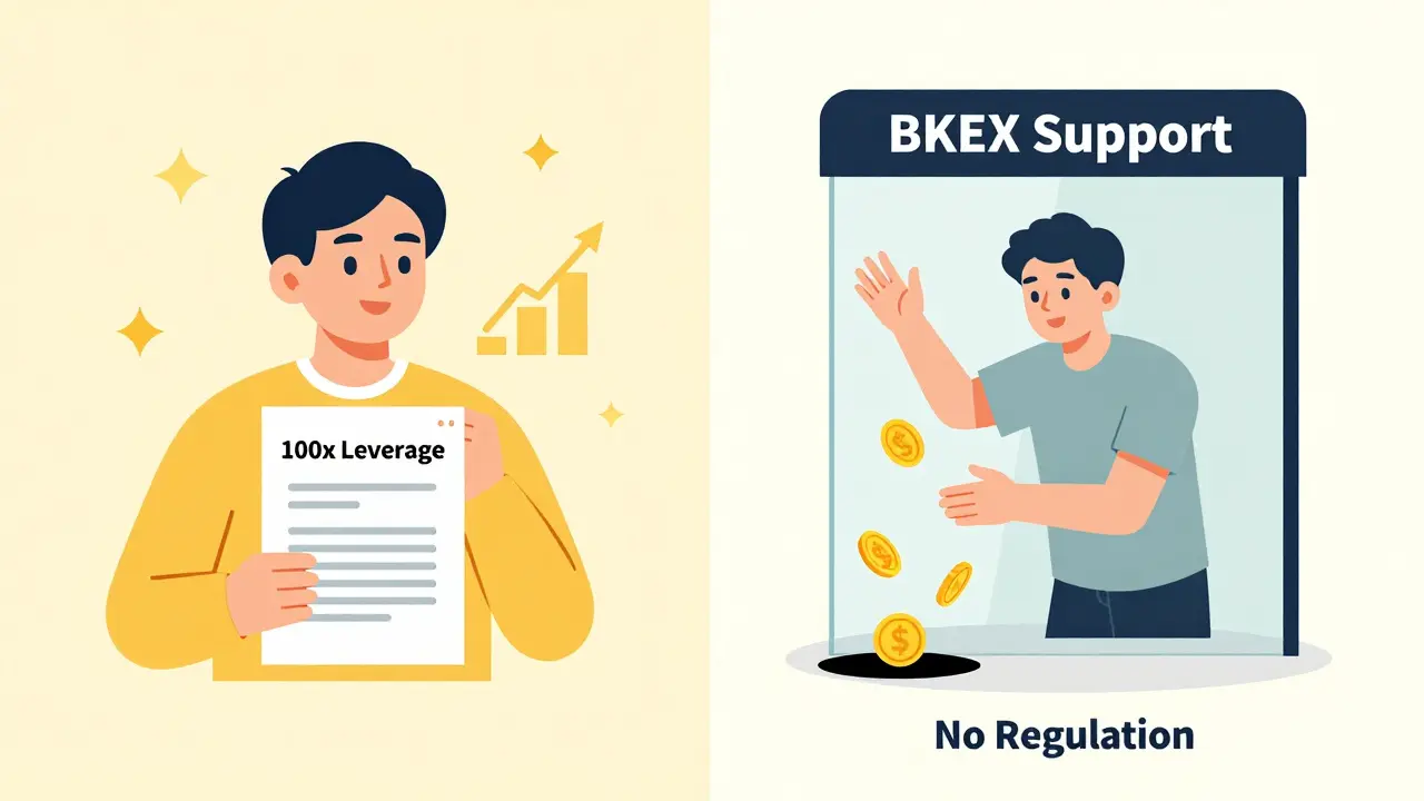 Split scene: a user lured by leverage profits on one side, trapped behind glass with no support on the other.