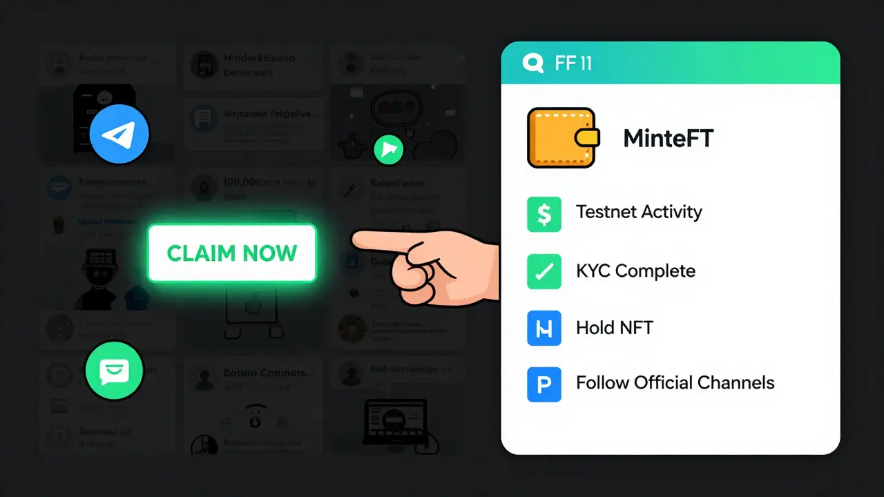 Split scene contrasting chaotic scam Telegram group with clean verified checklist for legitimate NFTLaunch participation.
