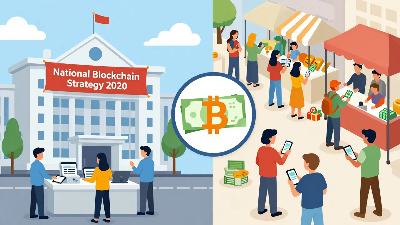 Split scene: government using blockchain for public services on one side, citizens trading crypto via cash and apps on the other.