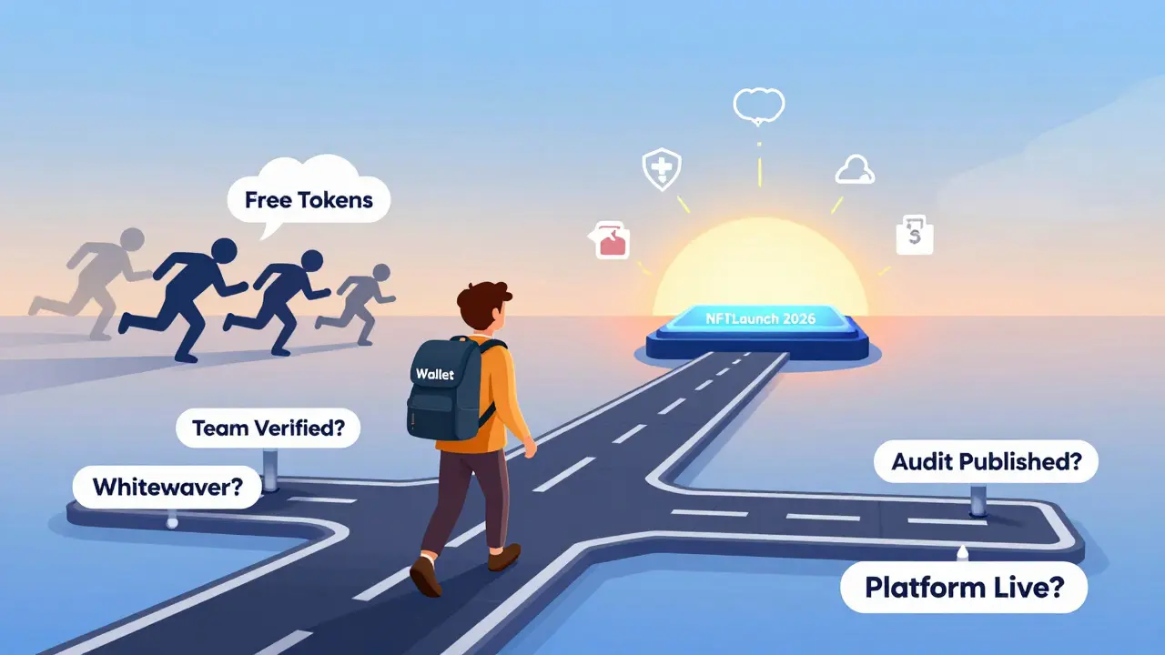 Traveler walking a roadmap toward NFTLaunch 2026, leaving behind scammy 'free tokens' cloud under a rising sun.