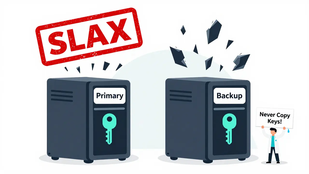 Two identical servers with the same key, triggering a giant 'SLASH' stamp and falling ETH tokens.