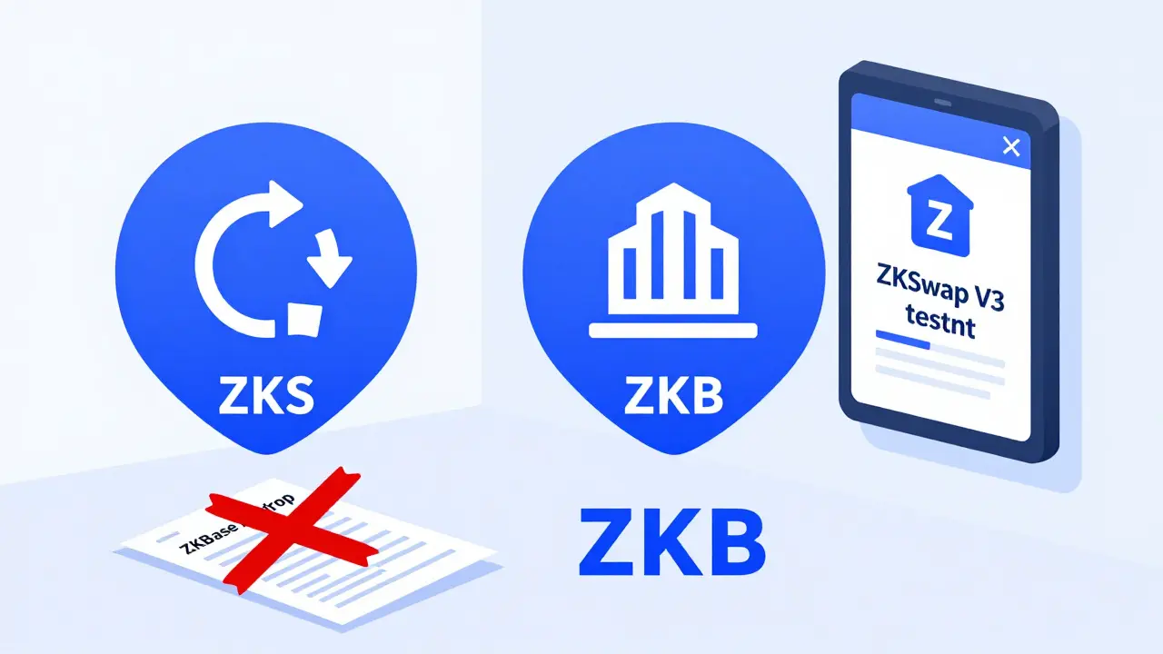 ZKS and ZKB tokens side by side with a fake airdrop flyer crossed out and a real ZKSwap invitation glowing.