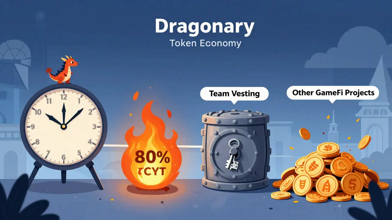 A 10-year timeline showing CYT token burn mechanics and team vesting, contrasted with failed GameFi projects.