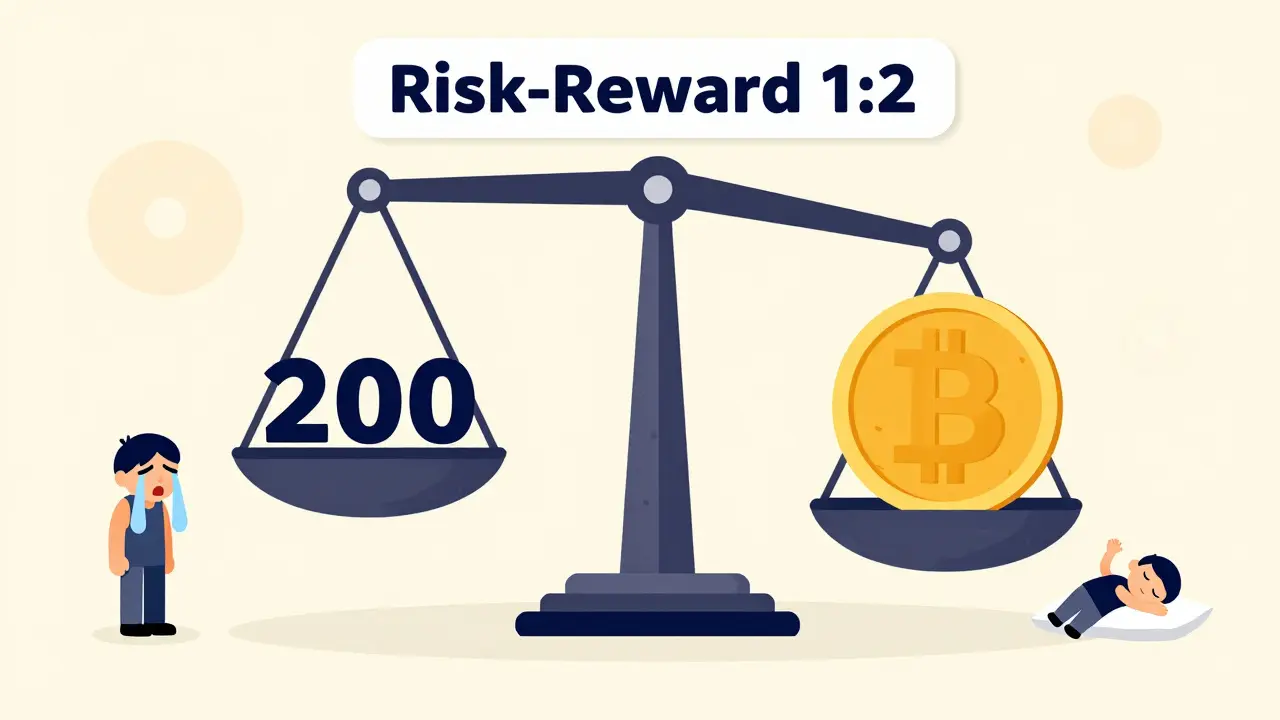 A balanced scale with 0 and Bitcoin, representing a 1:2 risk-reward ratio with emotional figures nearby.