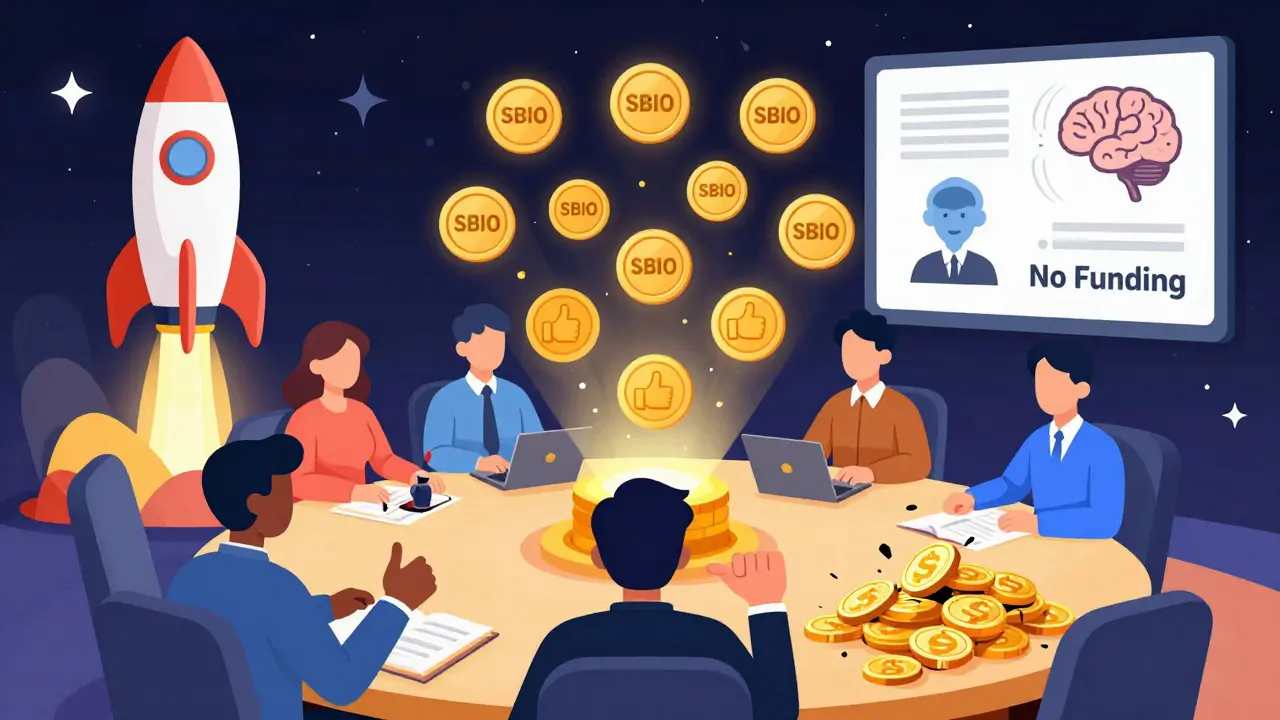 A DAO voting meeting with SBIO tokens and holographic data showing funded vs rejected space experiments.