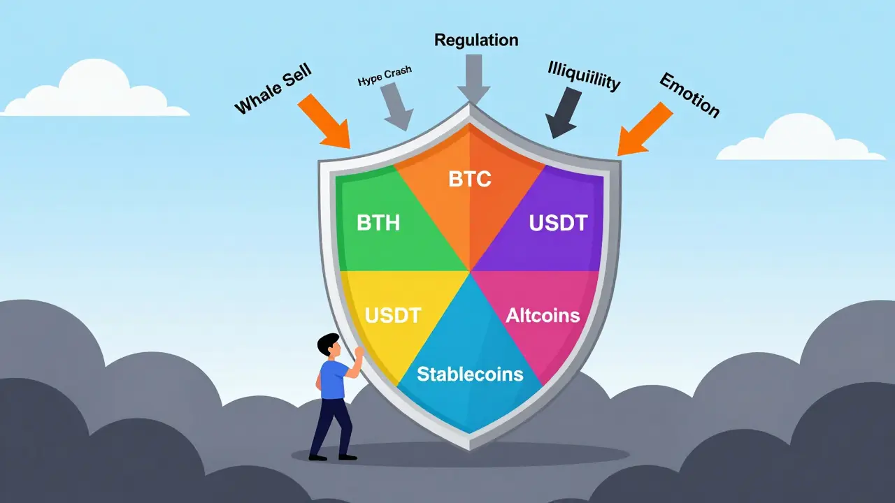 A five-segment shield protecting a trader from market hazards, illustrating diversified risk protection.