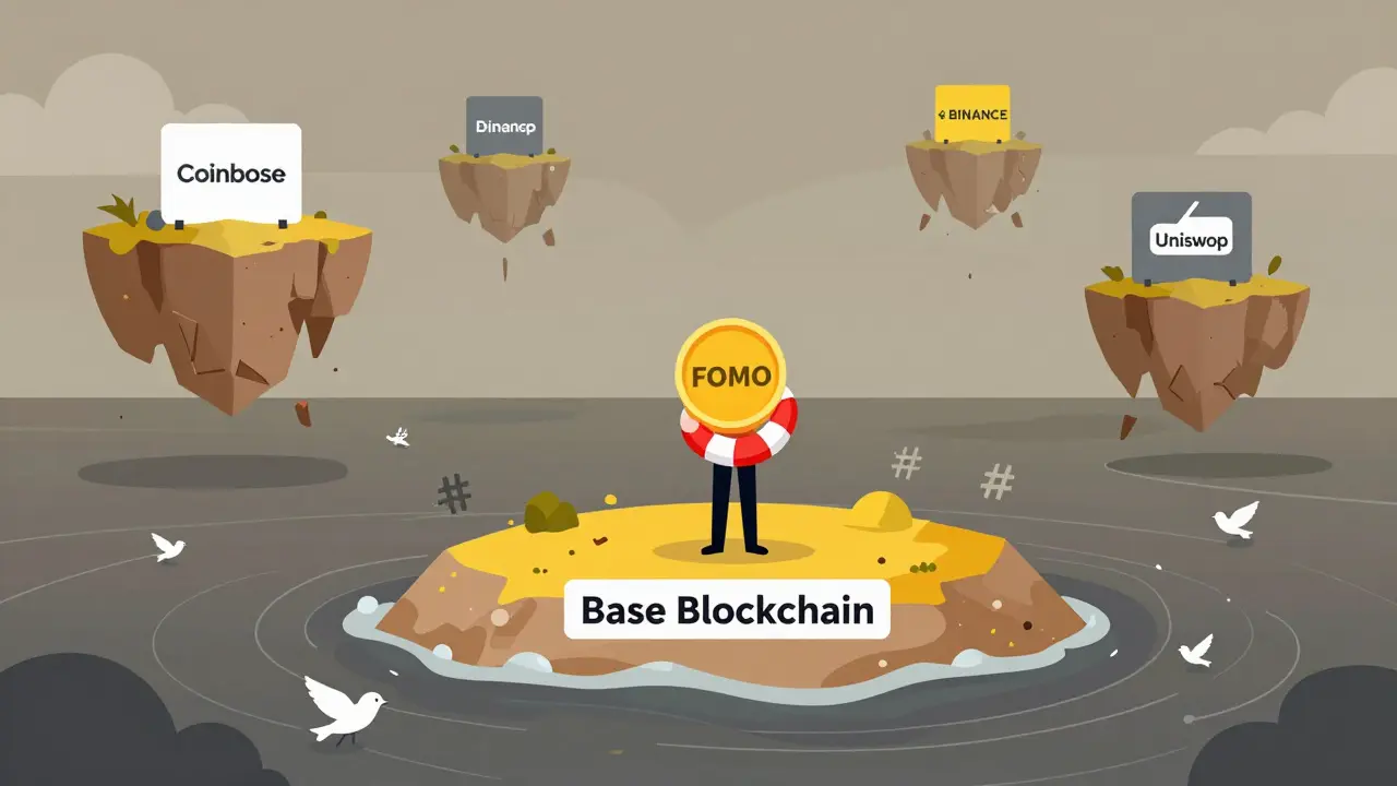 A lone person holding a FOMO token on a small island amid swirling memes and distant crypto platforms.