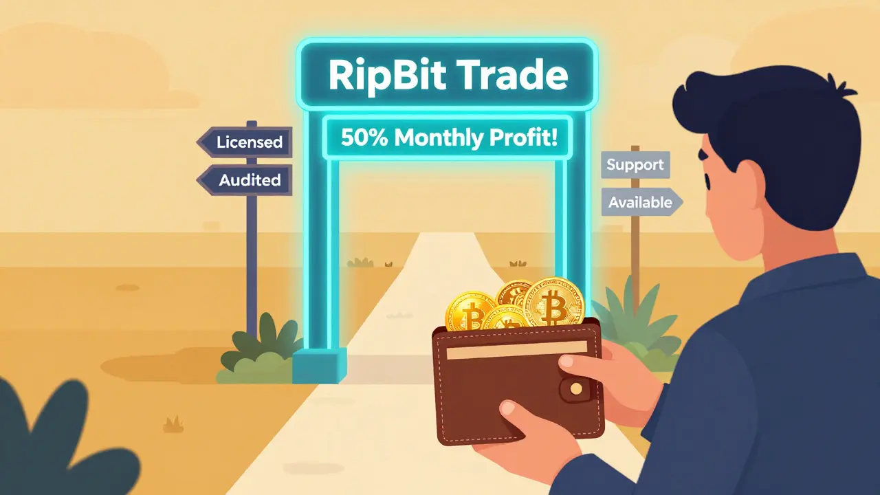 A person hesitating between a deceptive crypto scam portal and a safe path to trusted exchanges.