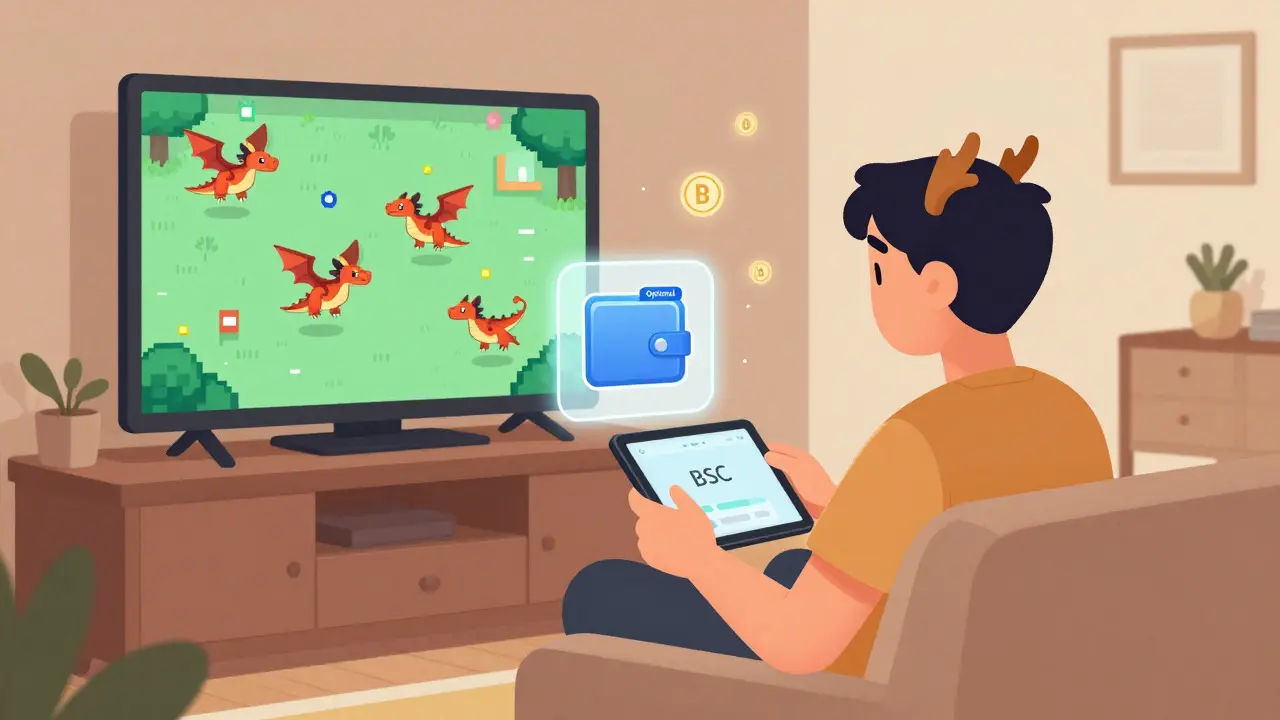 A player enjoying Dragonary as a regular RPG without a crypto wallet, dragons battling in the background.