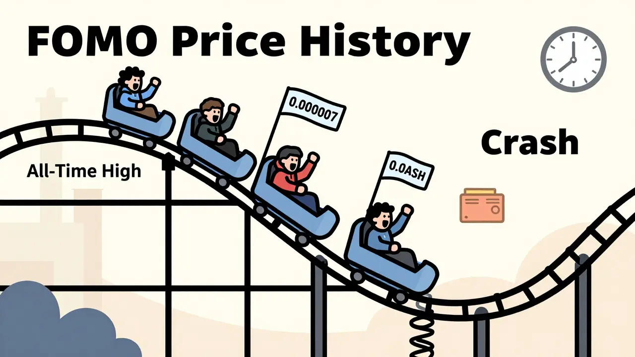 A rollercoaster labeled FOMO Price History with riders screaming as it bounces wildly between peaks and crashes.