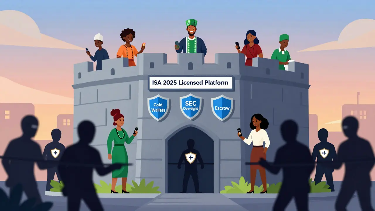 A secure licensed crypto platform guarded by users, blocking scammer figures, under regulatory oversight symbols.