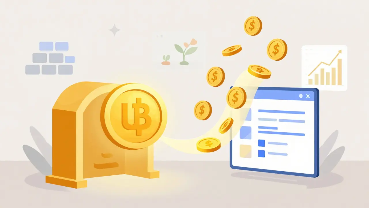 A USDF token turning into asUSDF with yield streams flowing upward from a DeFi staking portal.