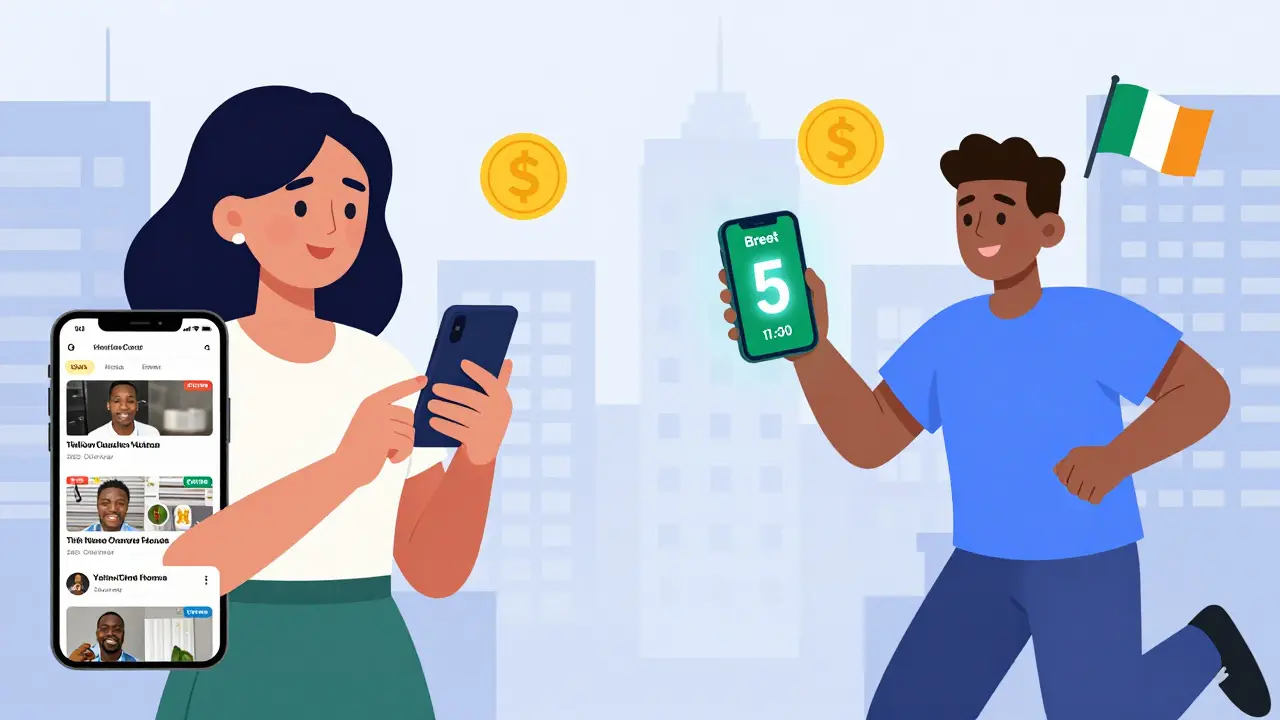 A woman using YellowCard with local language tutorials while a man completes a 5-minute Breet transaction.