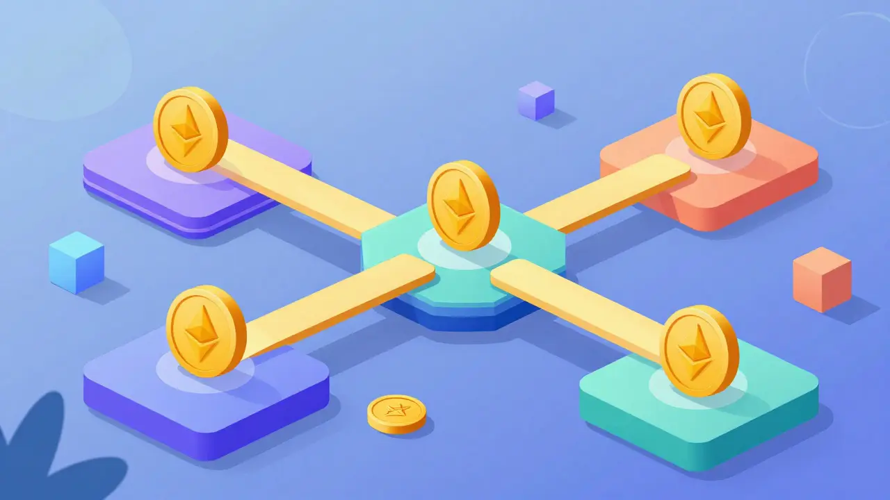 Abstract blockchain network with tokens flowing across connected platforms.