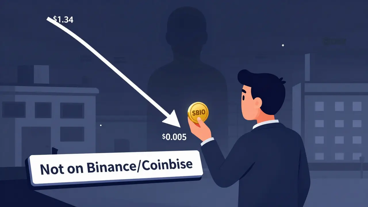 An investor staring at a crashing SBIO price chart while a faceless lab looms in the background.