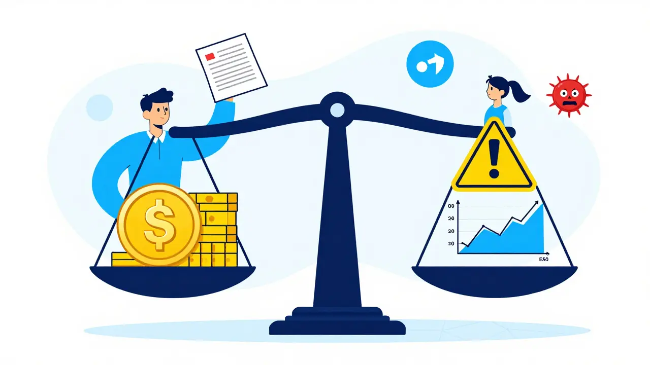 Balance scale showing DeFi rewards on one side and risks like impermanent loss on the other