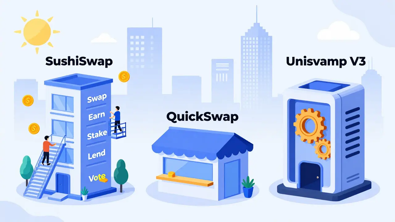 Cartoon comparison of SushiSwap, QuickSwap, and Uniswap V3 as buildings with different features on Polygon
