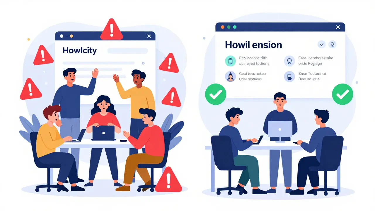 Contrasting scene: confused users on fake sites vs. active participants in real blockchain testnets.
