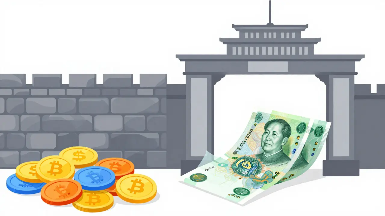 Crypto coins blocked by wall next to flowing digital yuan currency notes