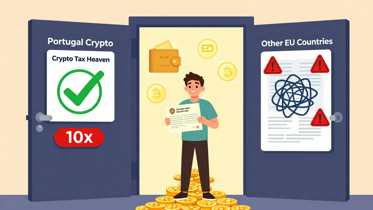 Digital nomad choosing between Portugal's tax-friendly crypto path and other EU countries' complex tax systems.