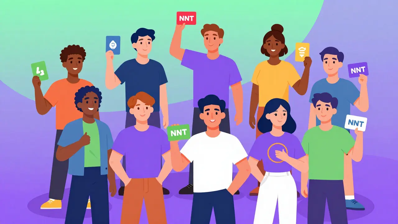 Diverse group of creators holding NFT cards and tokens in a community circle.