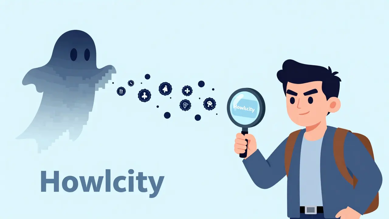 Fading Howlcity NFT ghost leading to a dead end, while a detective examines real blockchain data.