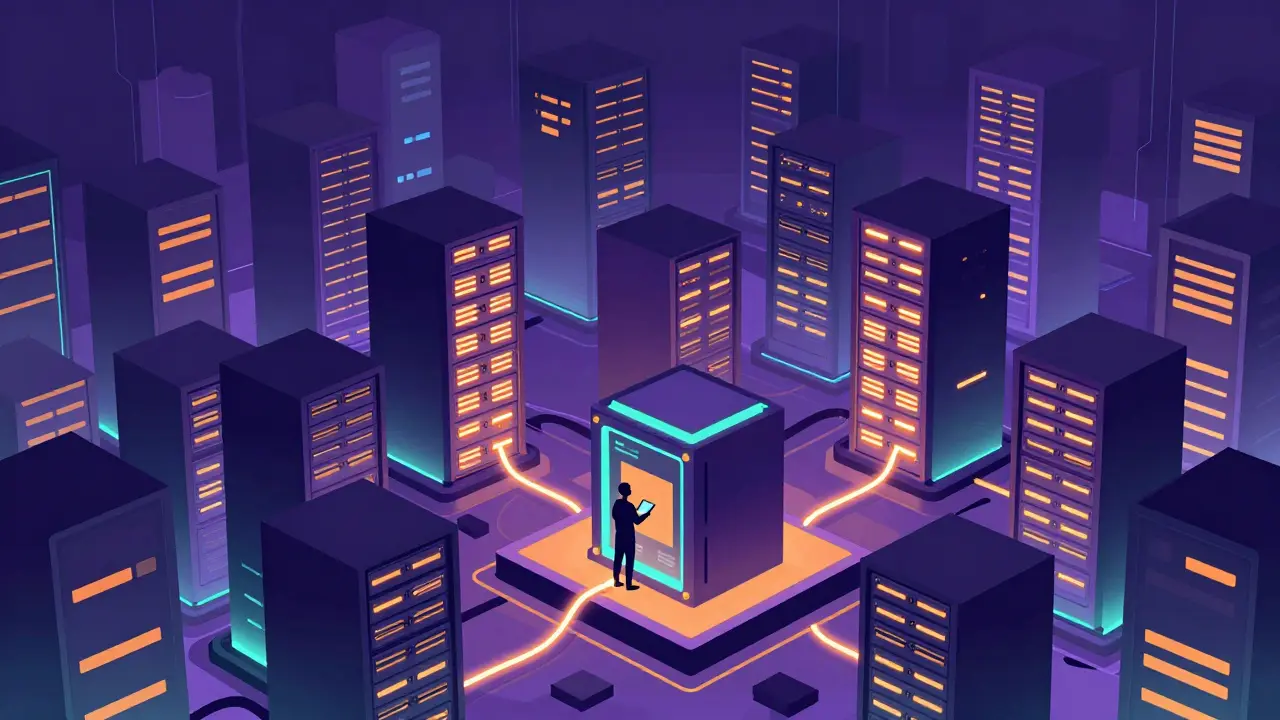 Figure connected by cable to glowing server vault.