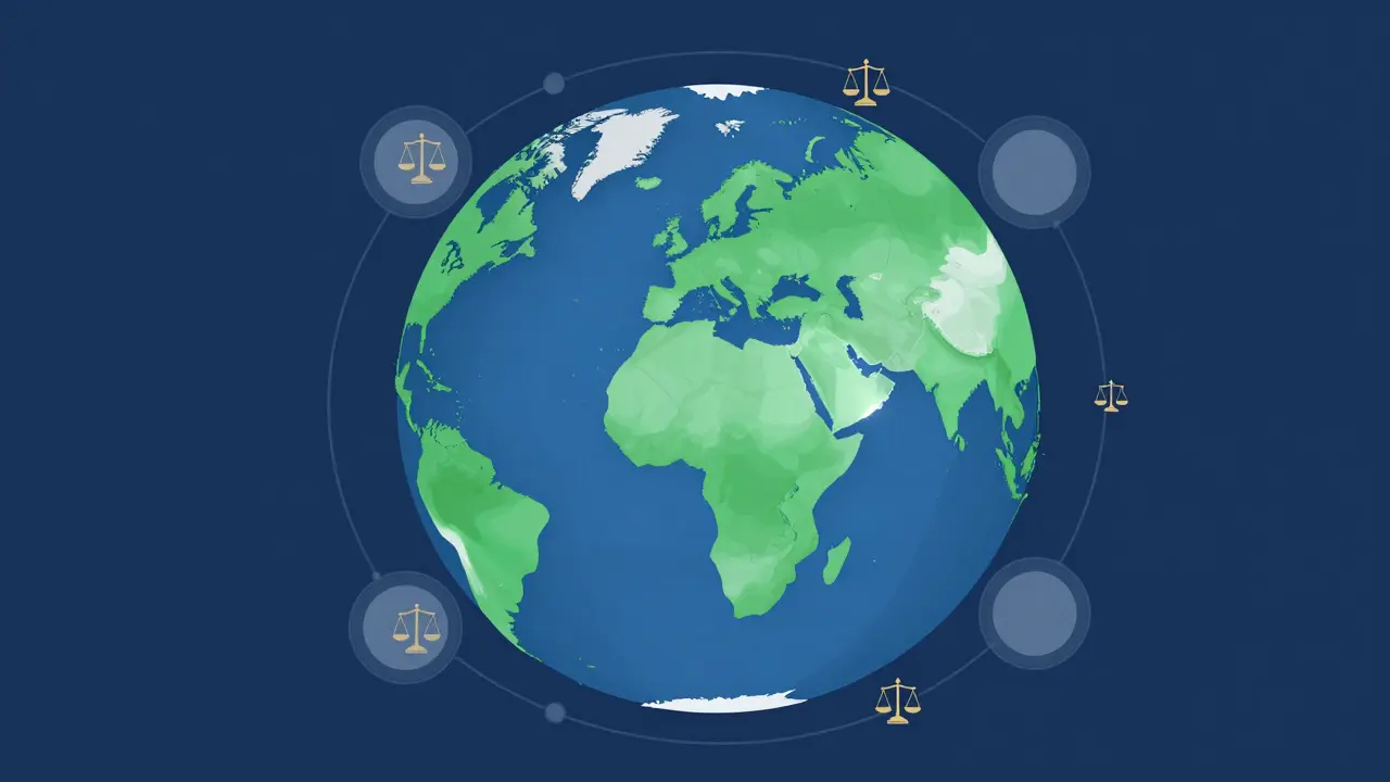 Globe highlighting region with interconnected agreement nodes.