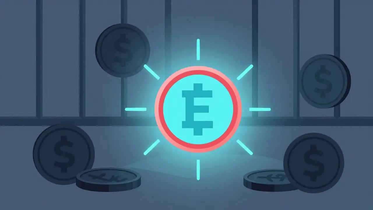 Glowing central coin with shadowed locked tokens around.