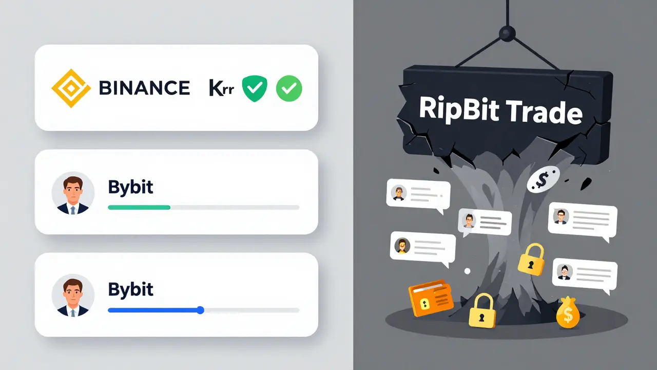 Legitimate crypto exchanges compared to a crumbling fake one with locked wallets and disappearing money.