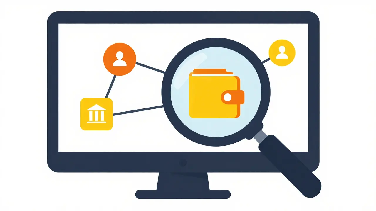 Magnifying glass inspecting a bank connection icon on screen.