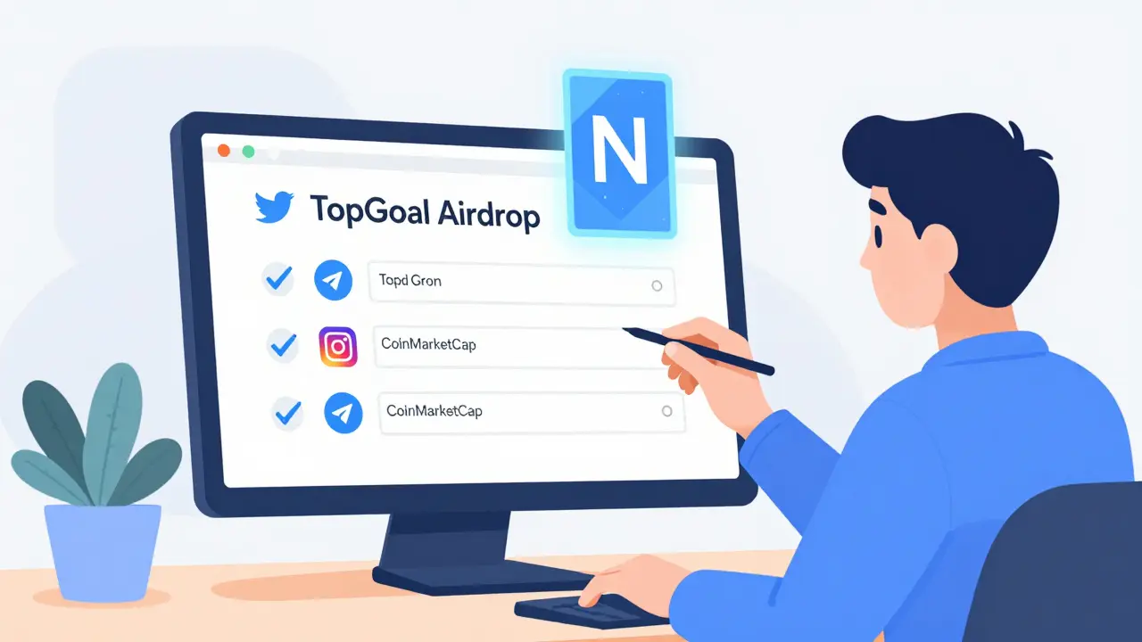 Person completing a TopGoal airdrop form with social media and CoinMarketCap checkmarks, as an NFT card appears above the screen.