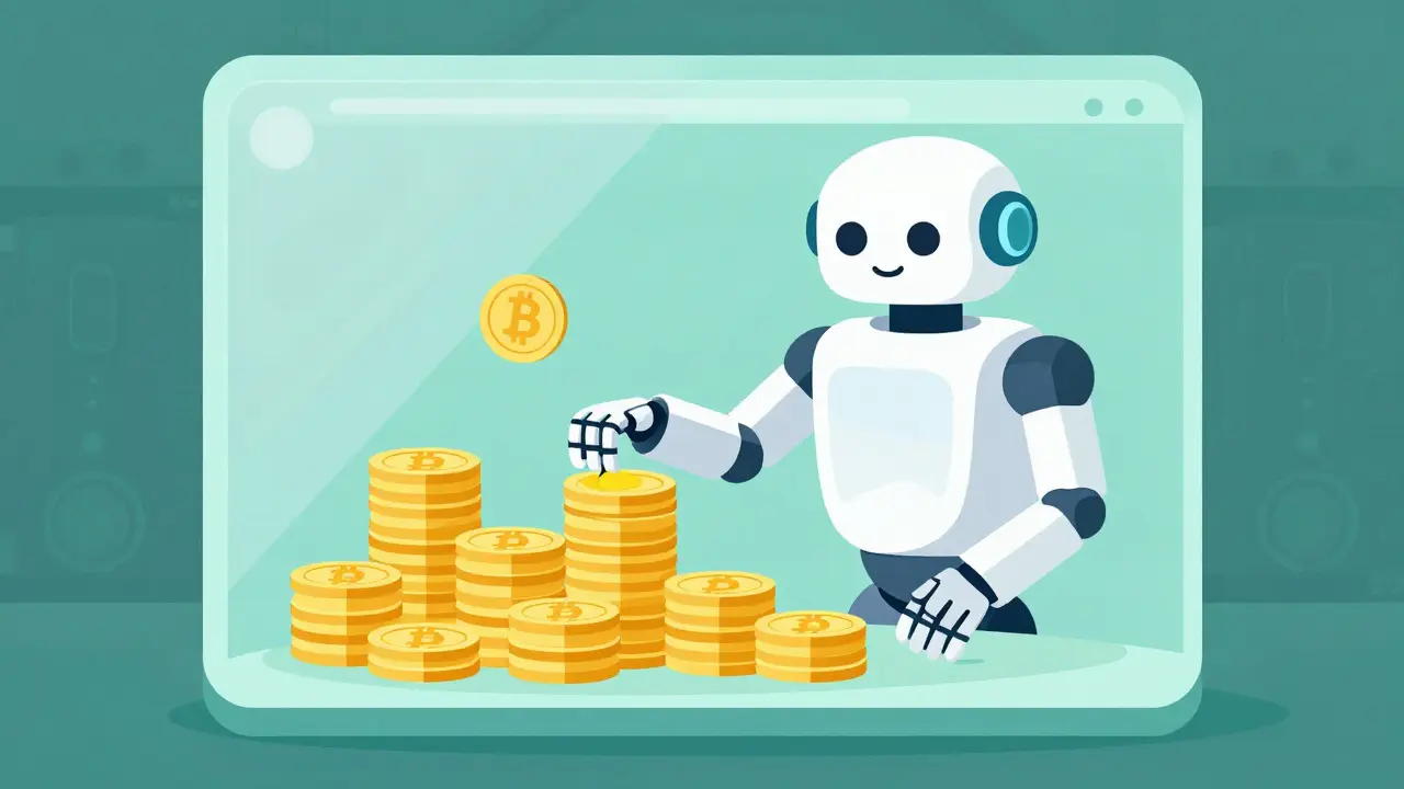 Robot arm sorting coins into a secure vault illustration.