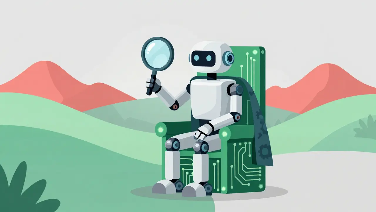 Robot on circuit throne watching hills change color.