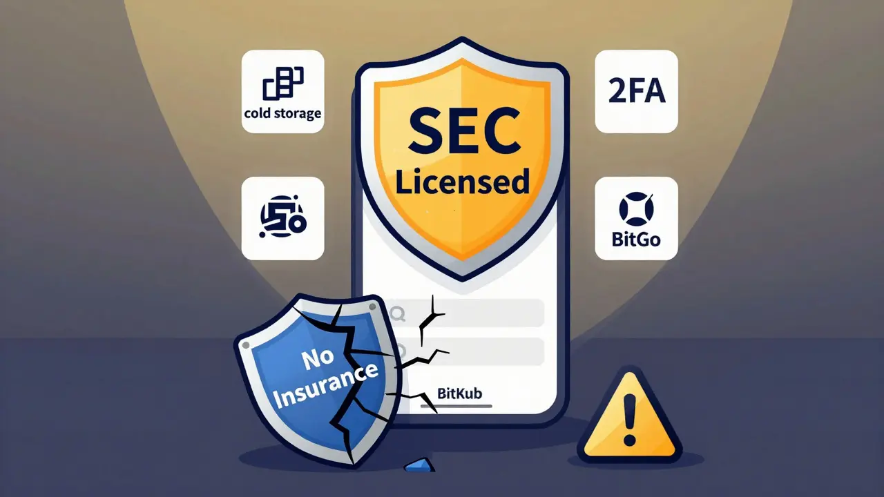 SEC-licensed BitKub shield with security icons, cracked 'No Insurance' shield below.