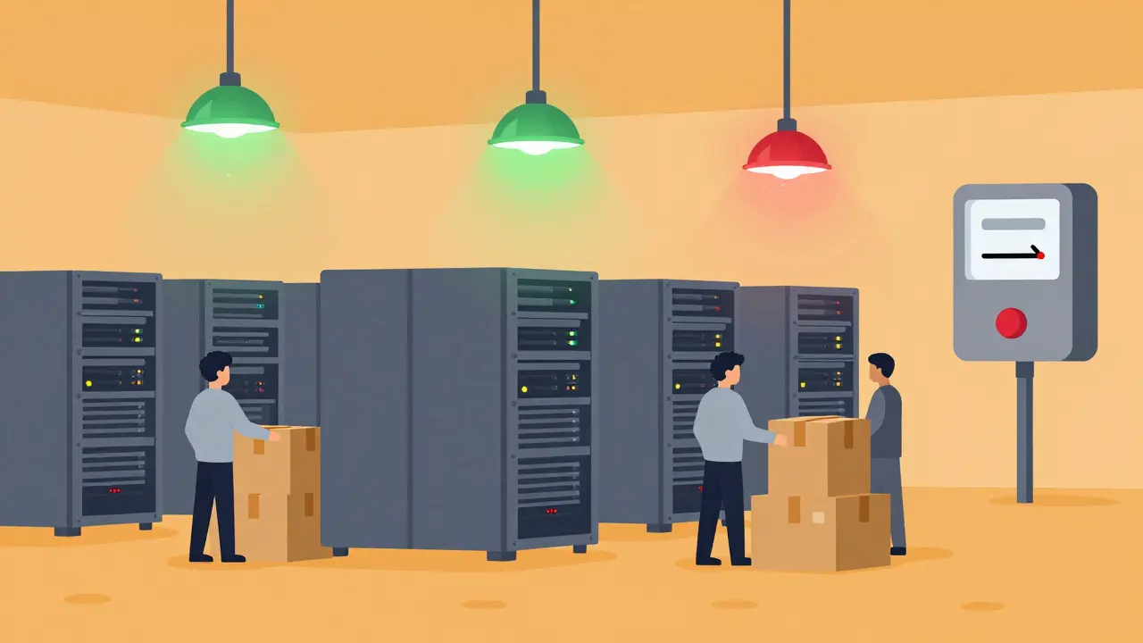 Servers powering down in warehouse with workers packing equipment boxes