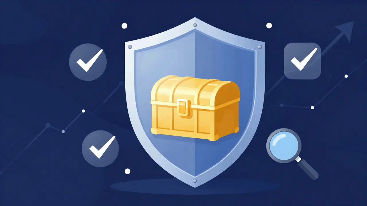 Shield protecting digital assets with audit checkmarks illustrated.