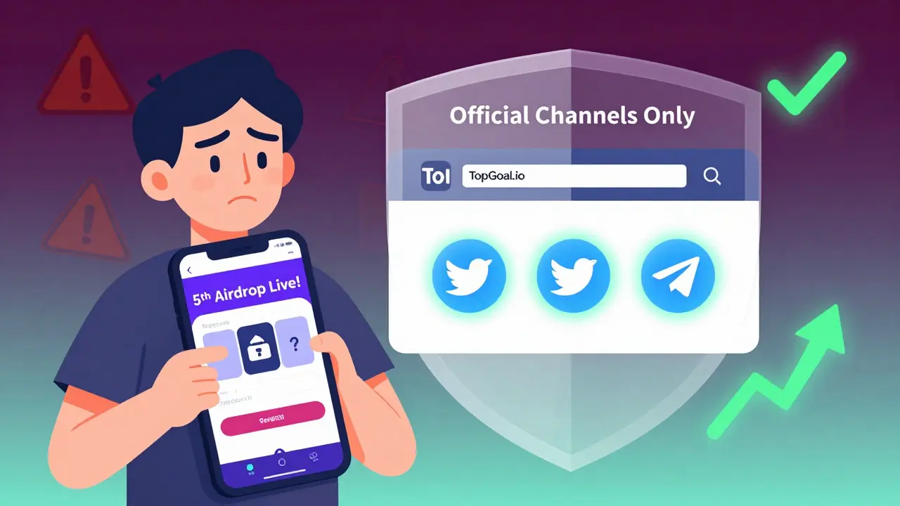 Skeptical fan blocking a scam website with a shield labeled 'Official Channels Only', revealing real TopGoal links behind it.