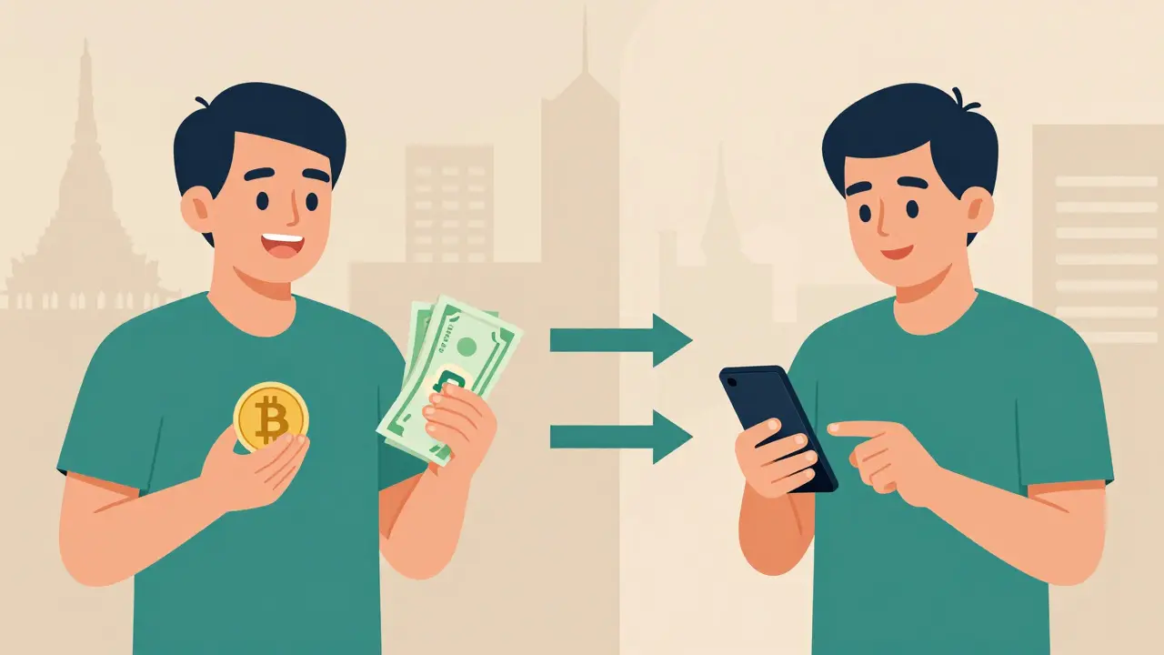 Split scene showing THB deposit to crypto and crypto withdrawal back to THB, no crypto-to-crypto trades.