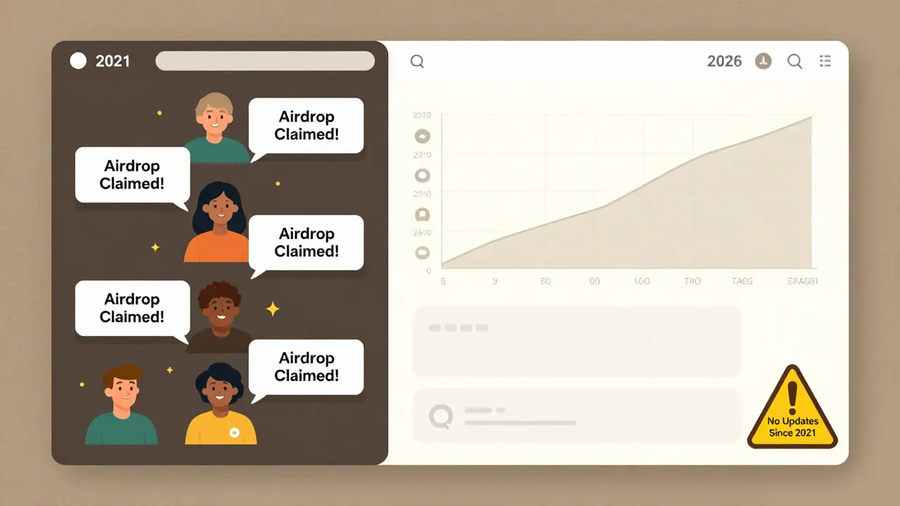 Split view of a 2021 crypto dashboard full of activity versus a barren 2026 dashboard with no updates.