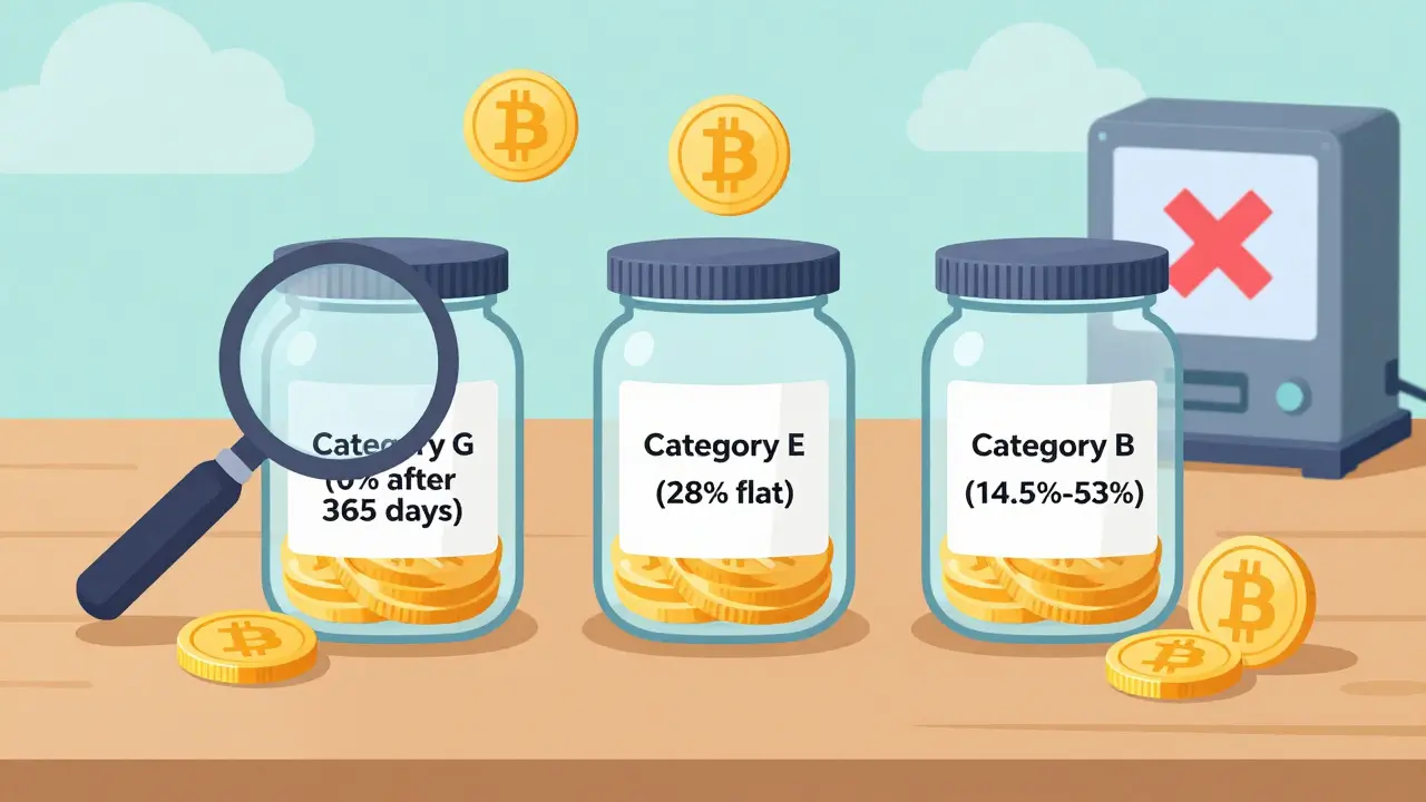 Three labeled jars representing crypto tax categories in Portugal, with Bitcoin coins and staking rewards illustrating tax rates.