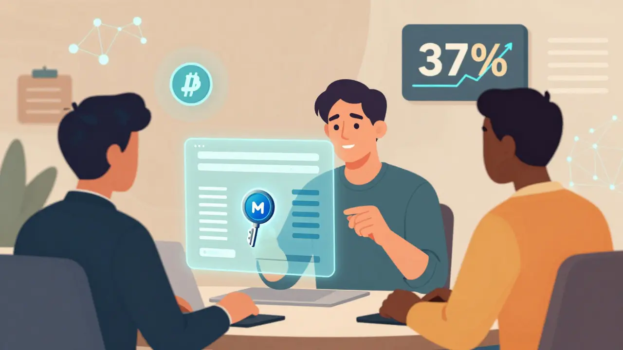 Traders using a MOBY token to unlock a holographic interface showing trade alerts and tax reports.