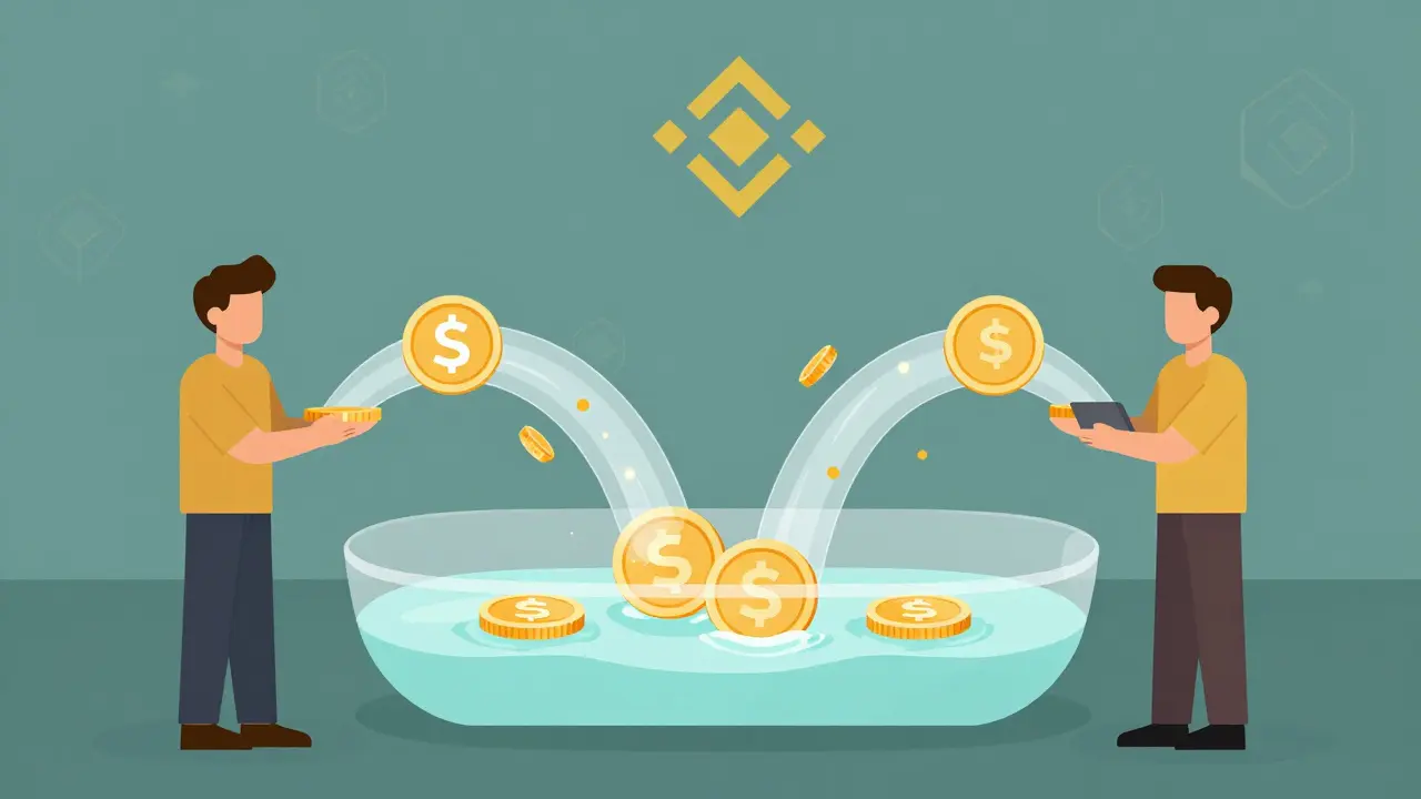 Two users trading tokens on Venus Exchange with liquidity pool visualization.