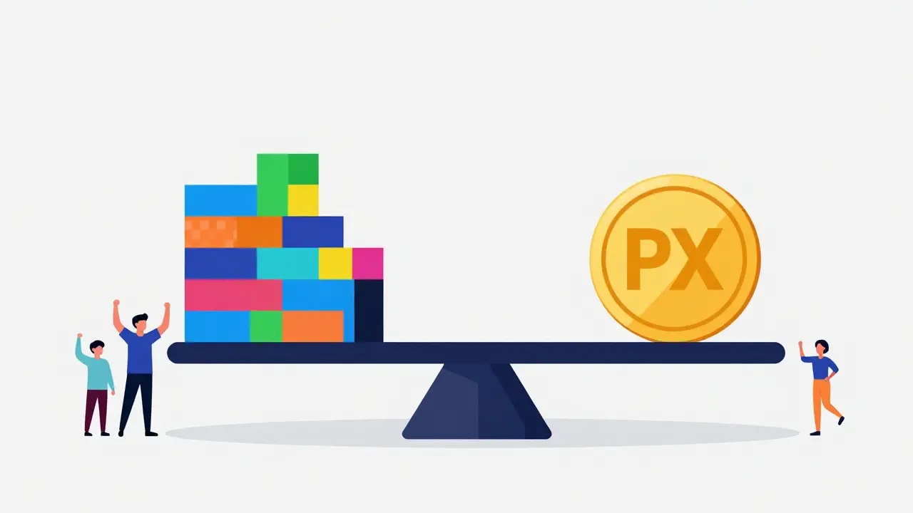A balance scale showing 1,000 pixels equaling one PX crypto token.
