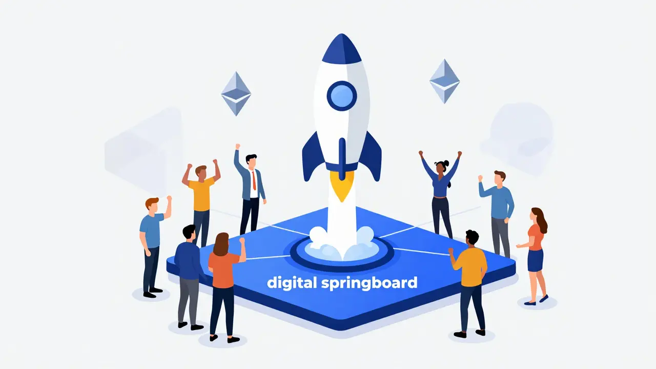 A digital launchpad with a rocket taking off and a supportive community.